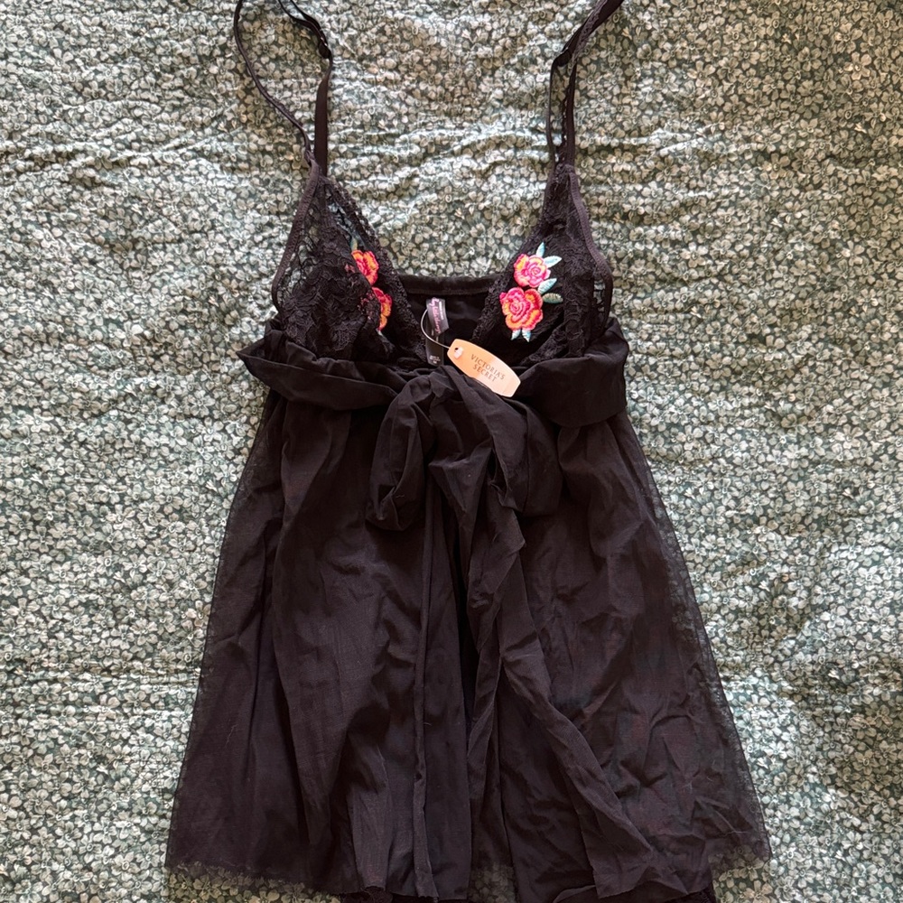 Victoria's Secret Black Chemise with Pink Floral Accents